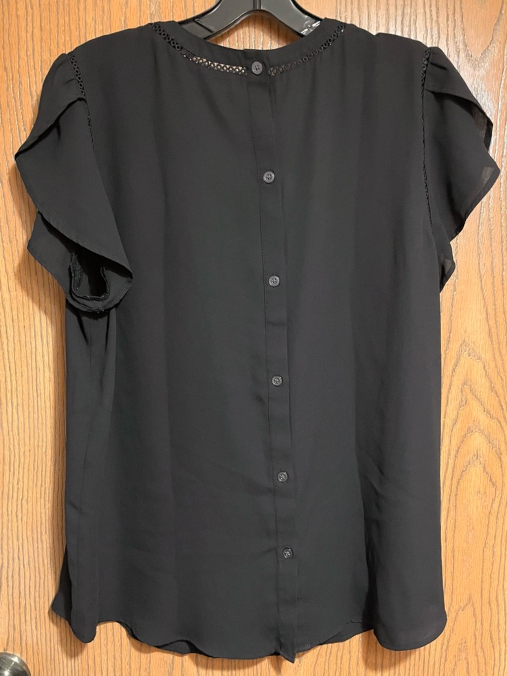 LOFT Black Blouse Button-Down with Ruffle Flutter Sleeves